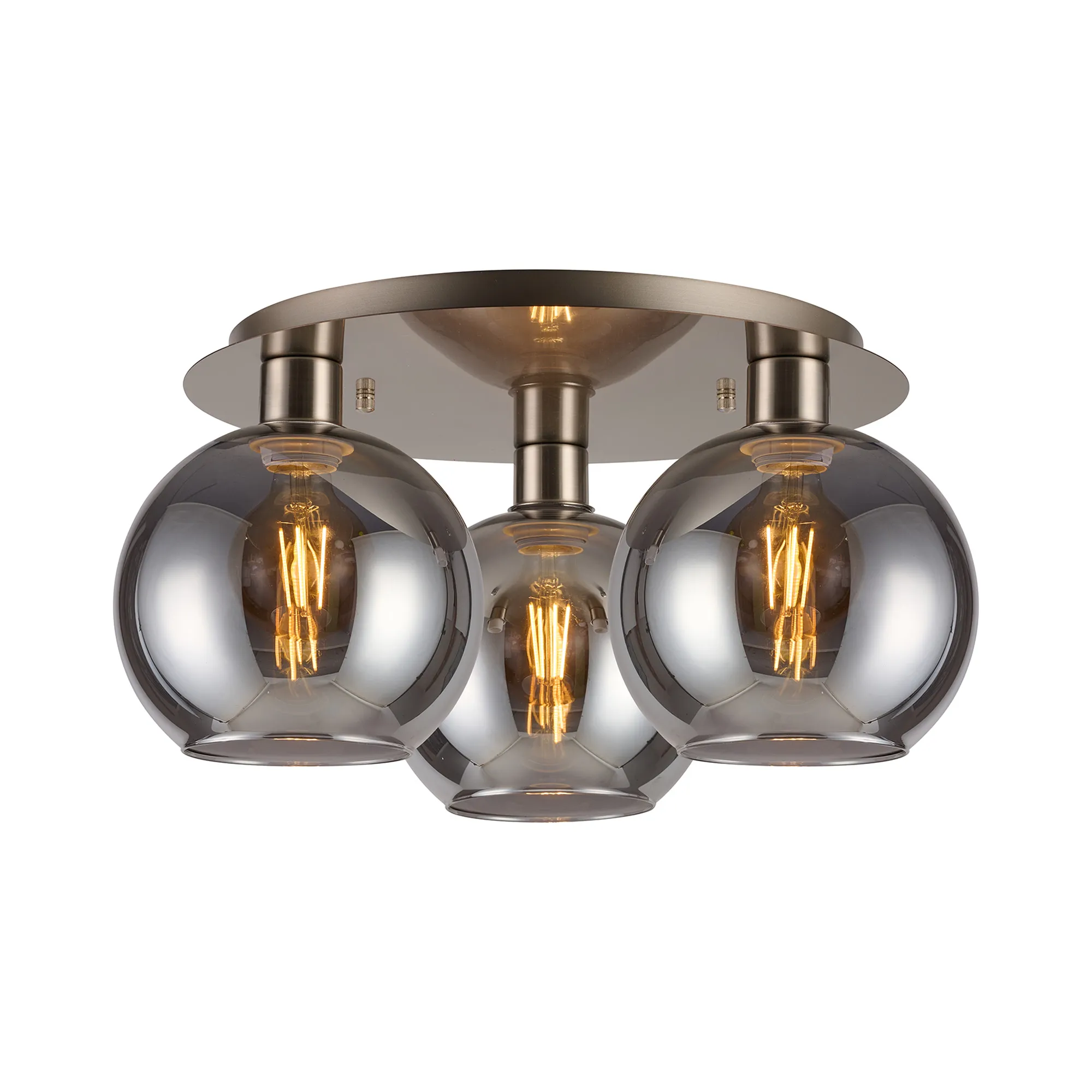 DK1429  Lori 40cm Round Ceiling Flush, 3 Light Flush Fitting, Satin Nickel/Smoke Open Mouth Round Globe Shades